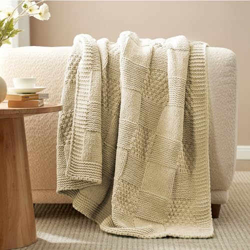 Amélie Home Checkered Chenille Knit Throw Blanket for Couch, Beige, 50"x60" - color: Checkered Beige, size: Checkered Knit 50"x60"