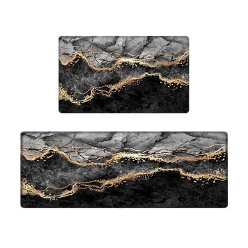 Kitchen Mats Set of 2, Cushioned Anti Fatigue Non Slip Waterproof Runner, Black Marble and Golden Veins Design, PVC Memory Foam for Kitchen Sink and Laundry - color: Black Marble 1