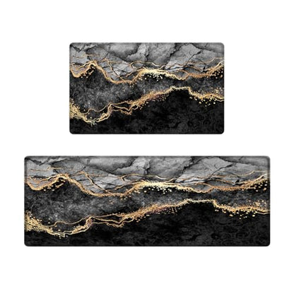 Kitchen Mats Set of 2, Cushioned Anti Fatigue Non Slip Waterproof Runner, Black Marble and Golden Veins Design, PVC Memory Foam for Kitchen Sink and Laundry - color: Black Marble 1