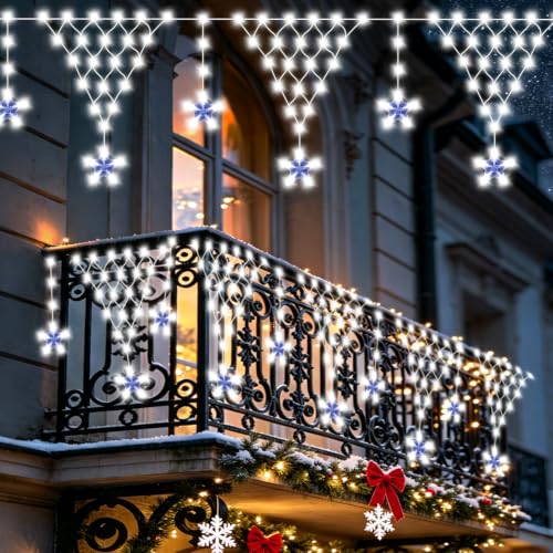 Christmas Lights Outdoor, 218 LED 13.8ft 8 Modes Curtain String Lights with 12 Drops Star, Plug-in Christmas Icicle Lights for Wedding, Party, Eaves, Xmas Yard Decorations - White - color: White