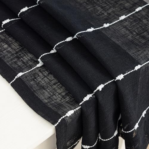 Black Sheer Curtains 72 Inch Faux Linen Boho Striped 2 Panels - color: Black, size: 52"W x 72"L (Pack of 2)