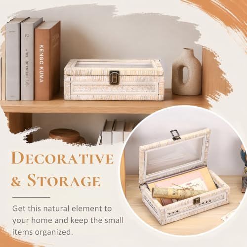 Hipiwe Handwoven Rattan and Wood Display Box with Clear Lid, Whitewash - color: Whitewash Color, size: X-Small, 9.8"x5.9"x3.1"