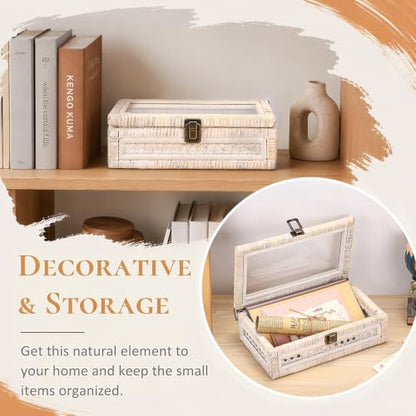 Hipiwe Handwoven Rattan and Wood Display Box with Clear Lid, Whitewash - color: Whitewash Color, size: X-Small, 9.8"x5.9"x3.1"