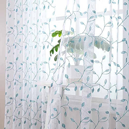 Tollpiz Leaves Sheer Tier Curtain Teal Blue Leaf Embroidery Kitchen Half Curtains Rod Pocket Voile Faux Linen Embroidered Leaves Curtain for Bathroom, 30 x 36 inches Long, Set of 2 Panels - color: Teal Blue, size: 30"W x 36"L (Pack of 2)