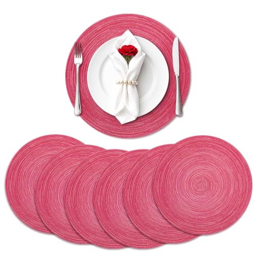 TaroKitc 15 in Round Placemats Set of 6, Washable Woven Placemats Heat Resistant Cotton Polyester Braided Table Mat, Non-Slip Circle Place Mats for Kitchen Dining Table Decor - Pink - color: Pink