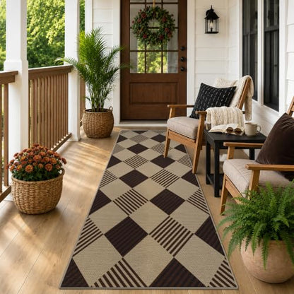 JTJ Easy Jute 2x6 Outdoor Runner Rug, Black & Beige Diamond, Washable - color: Tan Diamond, size: 2' x 6' (Runner)