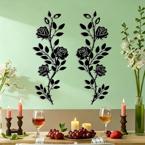 Elenwynn 2pcs Metal Rose Floral Wall Decor Art , Rustic Wrought Iron Plant Leaves Vine Scrolls Hanging Sculptures Sign, Flowers Home Ornaments for Above Doors, Bedrooms Living Room Or Dining Walls-Black A - color: Rose Leaf A