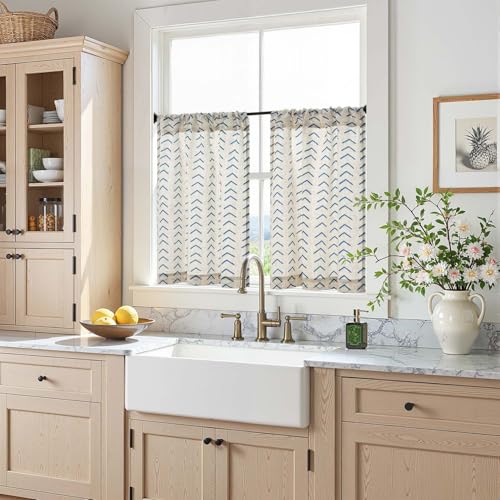 jinchan Blue Boho Linen Kitchen Tier Curtains 24 Inches Rod Pocket 2 Panels - color: Arrow | Blue on Linen, size: 26"W x 24"L (Pack of 2)