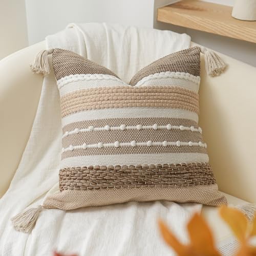 BlissBlush Brown Decorative Throw Pillow Cover 20x20 Square Boho Accent Pillowcase Tassels Farmhouse Cushion for Couch Sofa Bedroom Livingroom Home Décor Cover ONLY (Pack of 1) - color: Brown, size: 20" x 20" (Pack of 1)