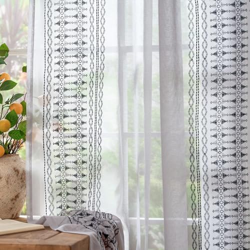 jinchan Floral Linen Sheer Boho Curtains 63 Inch Rod Pocket 2 Panels Gray - color: Boho Grey, size: 55"W x 63"L (Pack of 2)