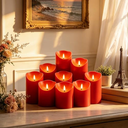 Nimiko Flameless Candles with Remote, Battery Operated Flickering Flameless Candles, LED Candles with Timer 2/4/6/8H, with Realistic LED Candles Set of 9 (D3 x H 3" 4" 5" 6" 7") (Red) - color: Red