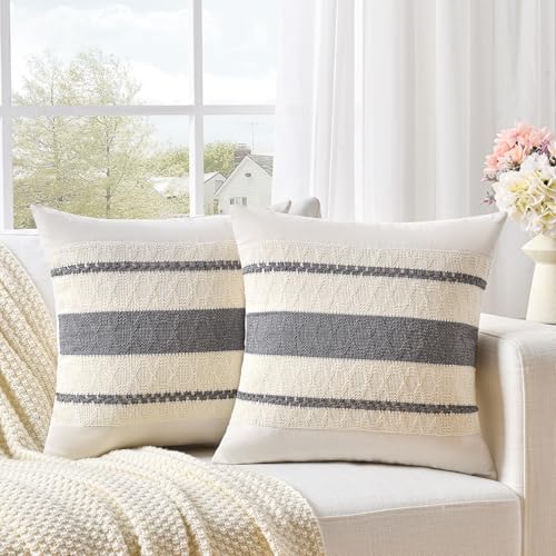 Fancy Homi Set of 2 Neutral Grey Farmhouse Small Decorative Throw Pillow Covers 14x14 Inch for Couch Bed Chair, Vintage Country Rustic Retro Room Decor, Soft Thick Cotton Handmade Woven Cushion Case - color: Gray, size: 14" x 14" (Pack of 2)