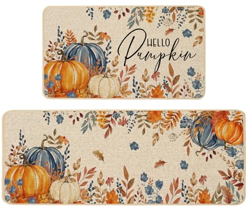 Baccessor Fall Pumpkin Kitchen Rugs Set of 2, 17x29 and 17x47 Inch - color: Blue Floral