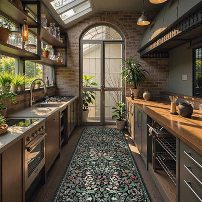 Lahome Botanical Kitchen Runner Rug, 2.6x8 Dark Floral Washable Runner Rug - color: Black, size: 2'6'' x 8'