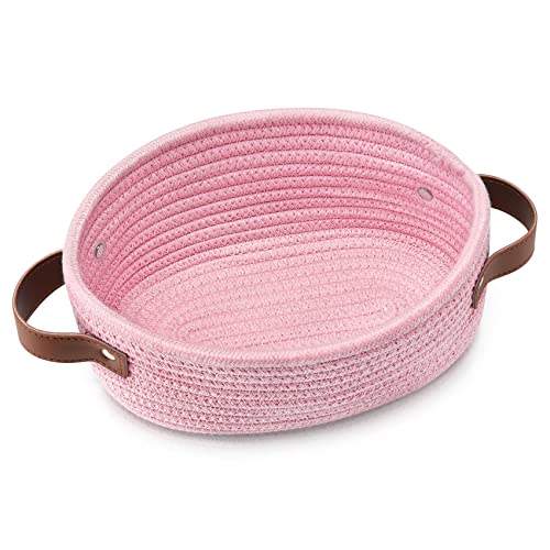ABenkle Mini Woven Cotton Rope Storage Basket - Oval Decorative Shelf Gift Basket for Nursery, Empty - 9.4" x 5.9" x 3.9 - color: Pink