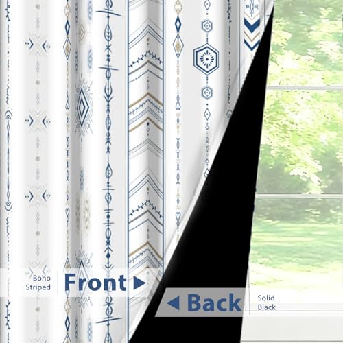 Boho Blue and White Geometric Striped Blackout Curtains for Living Room Bedroom 63 Inch Length 2 Panel Set, Western Room Darkening Patterned Grommet Window Drapes - color: Blue Stripe, size: 52"W x 63"L (Pack of 2)