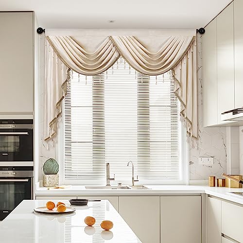 ELKCA Luxury Cream Velvet Curtain Valances for Living Room with Beads(59inch,1 Panel) - color: Cream, size: 59"W x 43"L (Pack of 1)