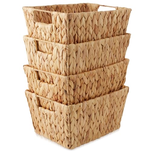 Casafield Set of 4 Water Hyacinth Storage Baskets with Handles - Natural, Woven Storage Bins for Shelves, Blankets, Laundry Organization
