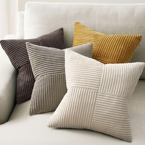 Topfinel Fall Vintage Brown Pillow Covers Set of 4,Velvet Gold Brown Cushion Covers with Corduroy,Soft Accent Pillowcases for Couch,Bed,Living Room and Outdoor Home Decor 20×20 Inch - color: Gold Brown, size: 20" x 20" (Pack of 4)