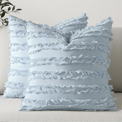 MIULEE Boho Linen Striped Throw Pillow Covers 18x18, Light Blue - color: Light Blue, size: 18" x 18" (Pack of 2)
