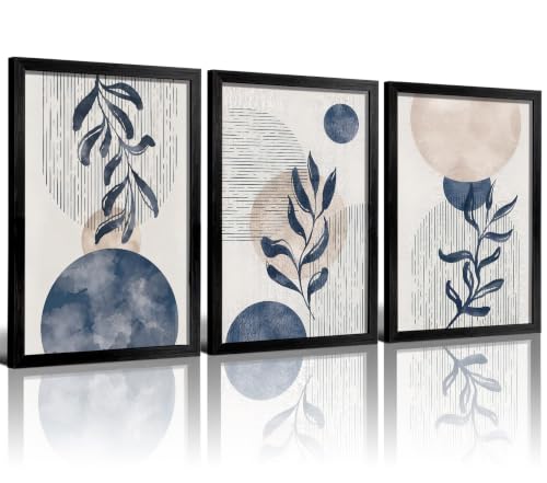 HCJWCXD Boho Navy blue plant Wall Art Canvas Prints, Set of 3, 16x24 in - color: Black Framed Navy Blue, size: 16x24 Inches
