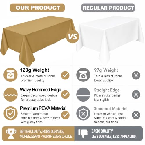 NatNarr 3 Pcs Gold Plastic Tablecloths, Scalloped Rectangle Table Cloths - color: Gold, size: 3 Pack