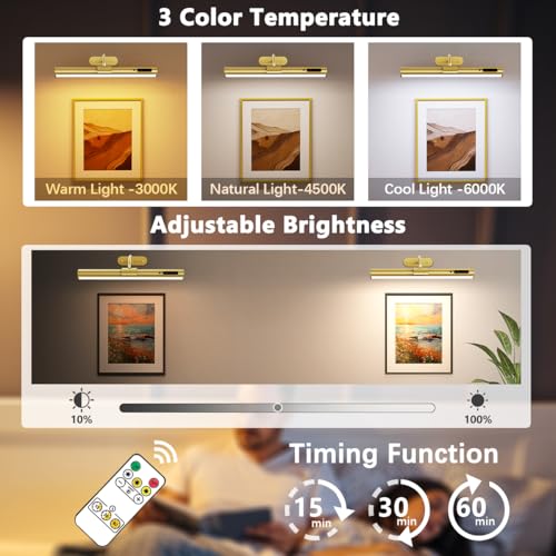 Hapfish Picture Lights for Wall Battery Operated,Wireless Art Light - Gold - color: Without Motion Sensor Gold