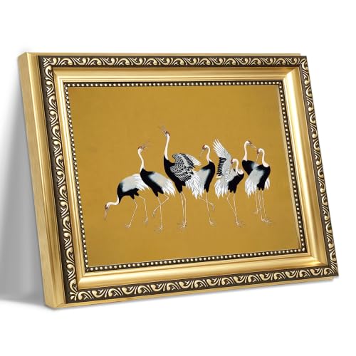 Vintage Asian Red Crowned Cranes Framed Wall Art Elegant Golden Silk Texture Canvas Print Luxury Chinoiserie Birds Oil Painting Oriental Decor for Living Room Bedroom Kitchen Home Office Gallery Wall Decor Gift for Art Lovers Friends New Homeowners - colo