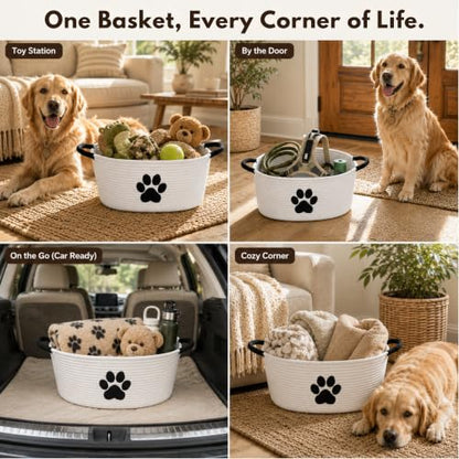 Dog Toy Basket with Handles, Cotton Rope Storage Bin Organizer for Pets - color: White/Black