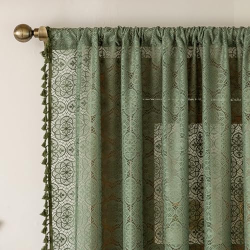 Sheer Boho Lace Curtains 84 Inches Long, Olive Green, Set of 2 Panels - color: Olive Green, size: 59"W x 84"L (Pack of 2)