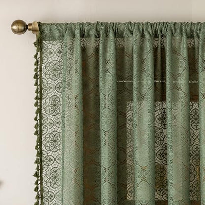 Sheer Boho Lace Curtains 84 Inches Long, Olive Green, Set of 2 Panels - color: Olive Green, size: 59"W x 84"L (Pack of 2)