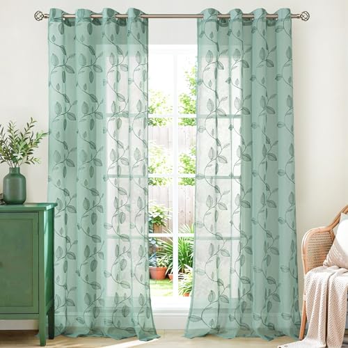 BGment Green Sheer Curtains 90 Inches Long Living Room 2 Panels - color: Dark Green-leaf, size: 52"W x 90"L (Pack of 2)
