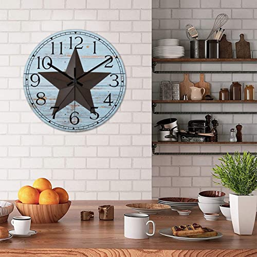 Round Farmhouse Wall Clock Western Texas Star Retro Style Wood Clock Quiet Non-ticking Battery Operated with Large Numbers Country Wall Hanging Analog Clock for Living Room Farmhouse Kitchen 15 Inch - color: Style, size: 15in