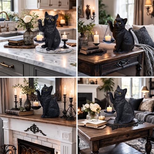 Gothic Black Cat Lamp with Tealight Candle Holder Cat Statue Halloween Decorations Indoor Gothic Home Decor for Living Room Tabletop Shelf Bedroom Unique Goth Witchy Gifts Decor - size: Cat