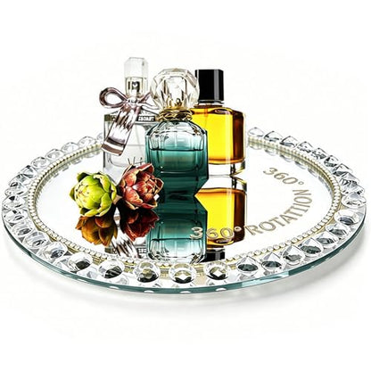Large Round Crystal Tray, 12"x12" Silver Rotatable Perfume Tray - color: Silver D