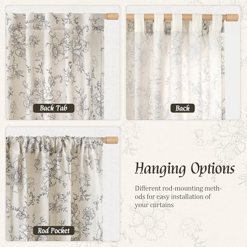 LAMIT Floral Linen Window Curtains 63 Inch Length, 2 Panels, Black - color: Black on Beige, size: 52"W x 63"L (Pack of 2)