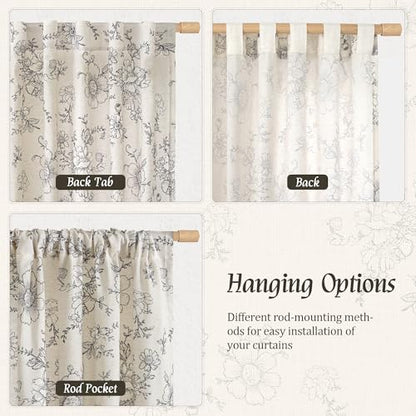 LAMIT Floral Linen Window Curtains 63 Inch Length, 2 Panels, Black - color: Black on Beige, size: 52"W x 63"L (Pack of 2)