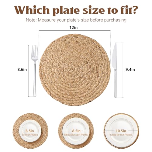 Aofmee 12 inch Round Woven Placemats Set of 6, Boho Rattan Place Mats, Natural Water Hyacinth Table Placemats, Farmhouse Weave Table Mats, Rustic Braided Wicker Charger Plates for Dining Table Decor - size: 12 Inch Set of 6