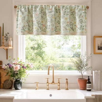 jinchan Maia Floral Linen Double Layer Valance 16 Inch 1 Panel Green - color: Maia Green on Linen, size: 50"W x 16"L (Pack of 1)