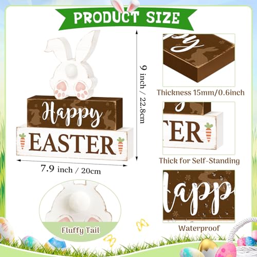 Happy Easter Bunny Table Sign Decorations, Easter Wooden Block Tabletop Centerpiece Signs, Rustic Farmhouse Spring Bunny Holiday Decorations for Tiered Tray Home Decor 3 Layered