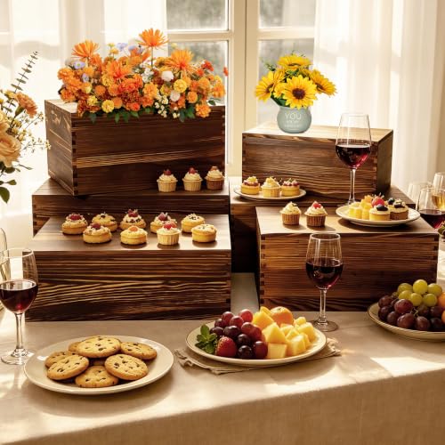 6 Pack Buffet Risers and Stands, Dessert Table Display Set with Mini Signs - color: Brown, size: 6 Pcs A