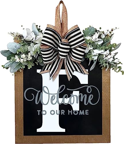 Last Name Year Round Front Door Wreath Front Porch Decoration 26 Letter Welcome Sign with Eucalyptus Garland and Bow Spring Wreaths for Front Door Outside Hanger Garland（F） - color: F