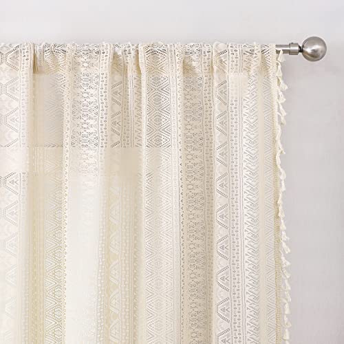 Beige Boho Sheer Lace Window Curtains with Tassel, 40" Wx54 Lx2 - color: Beige, size: 40"W x 54"L (Pack of 2)