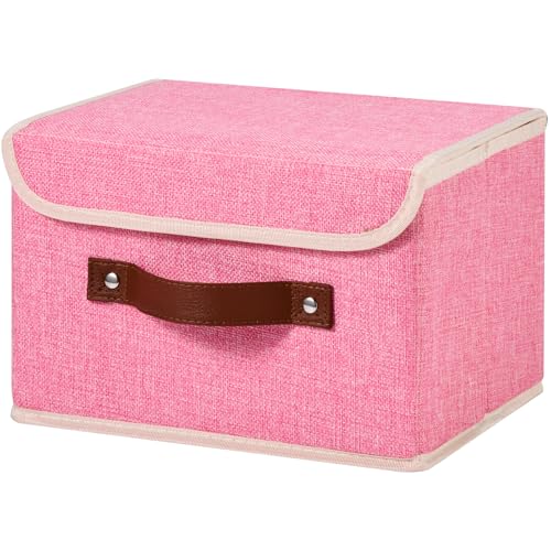 Storage Bins Box with Lids Decorative Cotton Linen Fabric Baskets | Foldable Washable Stackable Lidded Clothing Container, Shelf Closet Organizer, w/ PU Leather Handles & PP Boards, Pink-Small - color: Pink, size: Small ( Pack of 1 )