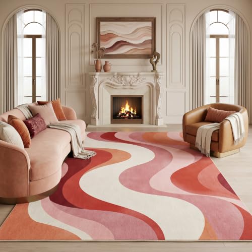 6x9 Pink and White Modern Abstract Wavy Washable Area Rug - color: Pink/White, size: 6' x 9' (Rectangular)