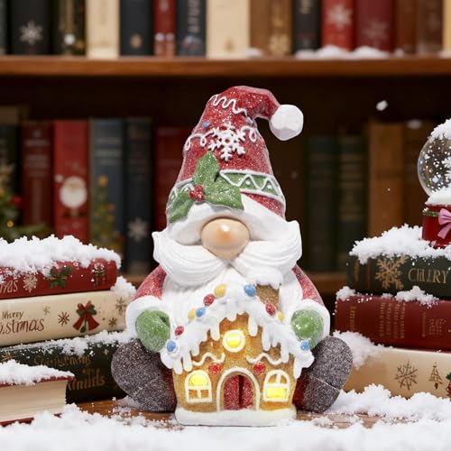 Hodao Christmas Gnome Figurine with Gingerbread House, Holiday Elf Decor - color: Red-1