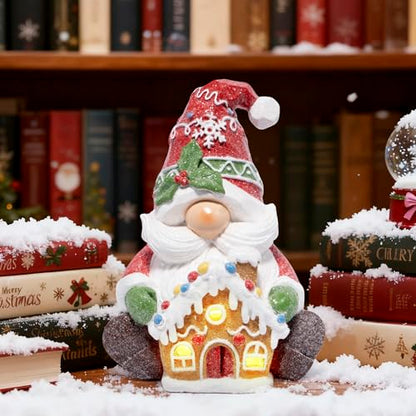 Hodao Christmas Gnome Figurine with Gingerbread House, Holiday Elf Decor - color: Red-1