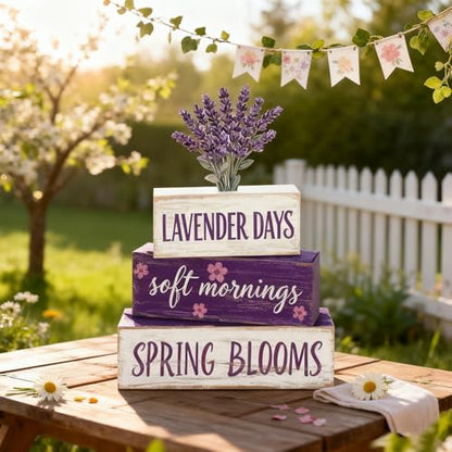 Spring Decoration Wooden Tiered Tray Decor – Rustic Lavender Days Stacked Block Sign with Lavender Flower Topper – Farmhouse Tabletop Spring Decor for Living Room Shelf Kitchen Coffee Bar Seasonal Home Display - style: Lavender