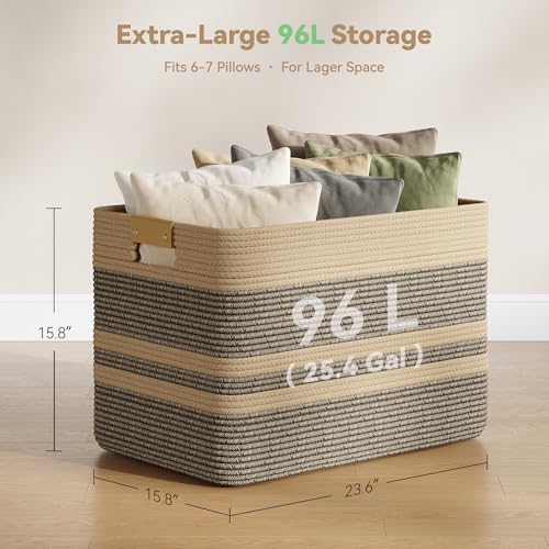 Nunsino 96L Blanket Basket with Leather Handles,Laundry Basket,Dark Brown - color: Dark Brown, size: 96L