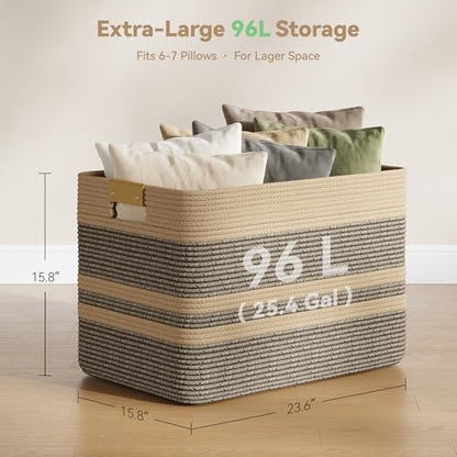 Nunsino 96L Blanket Basket with Leather Handles,Laundry Basket,Dark Brown - color: Dark Brown, size: 96L